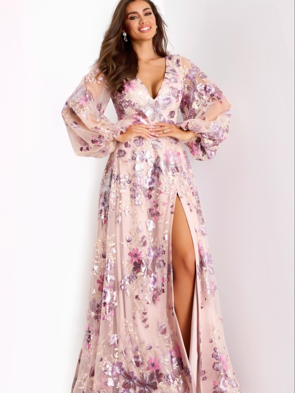 Jovani Blush Pink Floral Sequin V-Neck A-Line Gown